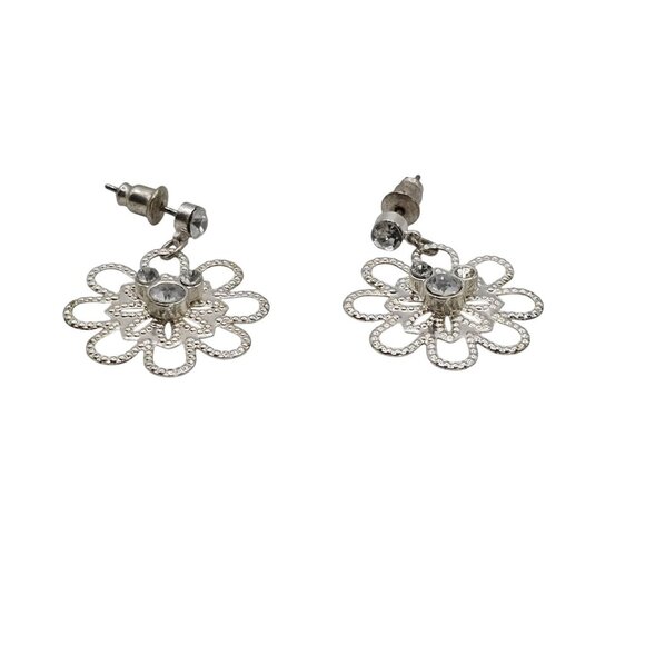 Women's Silver-Tone Dangle Drop Riveted Metal Rhinestone Center Floral Earrings - Picture 8 of 9